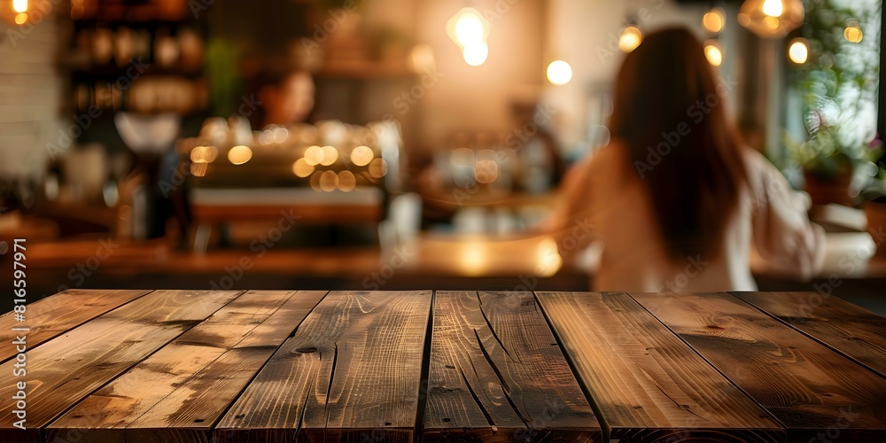 Wooden Table in a Cafe Setting with a Female Customer in the Blurred Background. Concept Cafe Setting, Wooden Table, Female Customer, Blurred Background, Interior Decor Wooden Table in a Cafe Setting with a Female Customer in the Blurred Background. Concept Cafe Setting, Wooden Table, Female Customer, Blurred Background, Interior Decor