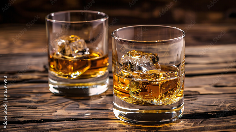 Glasses of whiskey on wooden table