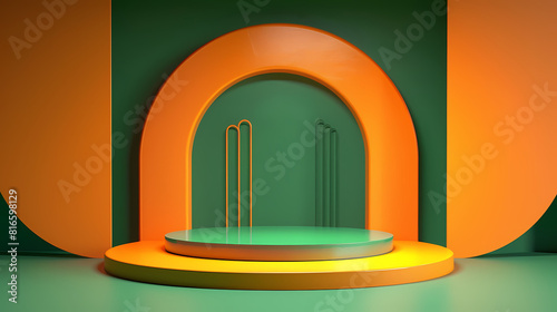Podium mockup for product display with an aesthetic geometric background - modern visual empty stage in green and orange  promotional platform for cosmetic  fashion  accessories and daily necessities 