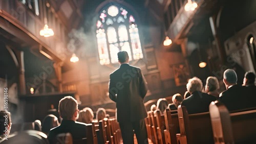 Man Delivering Speech in Historic Church with Ai generated.
 photo