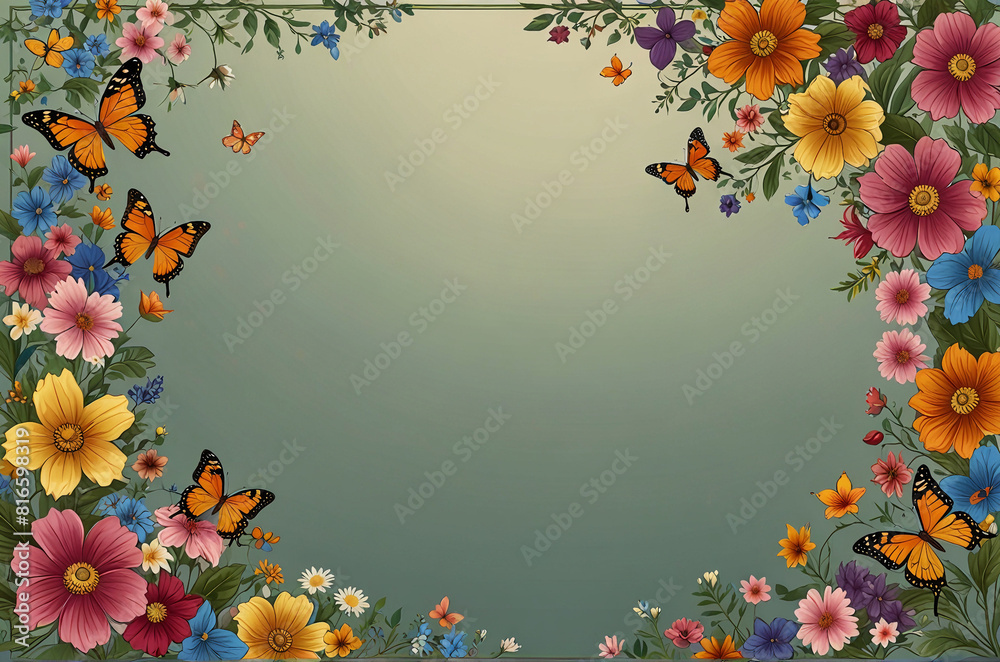 Fototapeta premium Serene Nature Scene Fluttering Butterflies Amidst Blooming Flowers, High-Resolution Background with Copy space