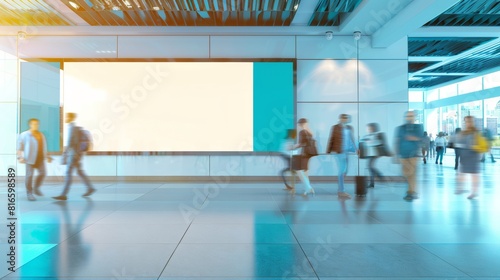 Modern Kitchen with Blank Signage and Blurred People in Motion, Sleek White and Tech Blue Ambiance