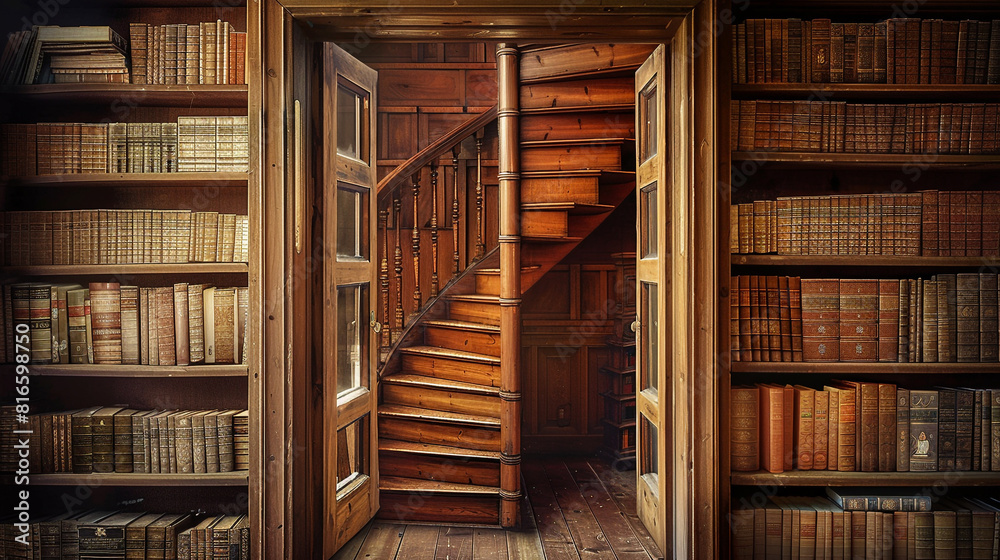 Obraz premium Private library's spiral wooden staircase, viewed through a framed doorway with ancient books around.
