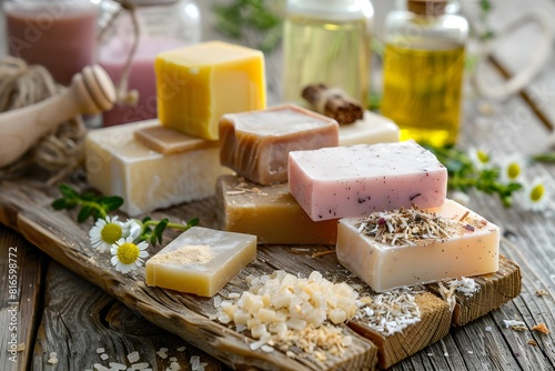 Homemade soaps with flowers and essential oils on a wooden table.