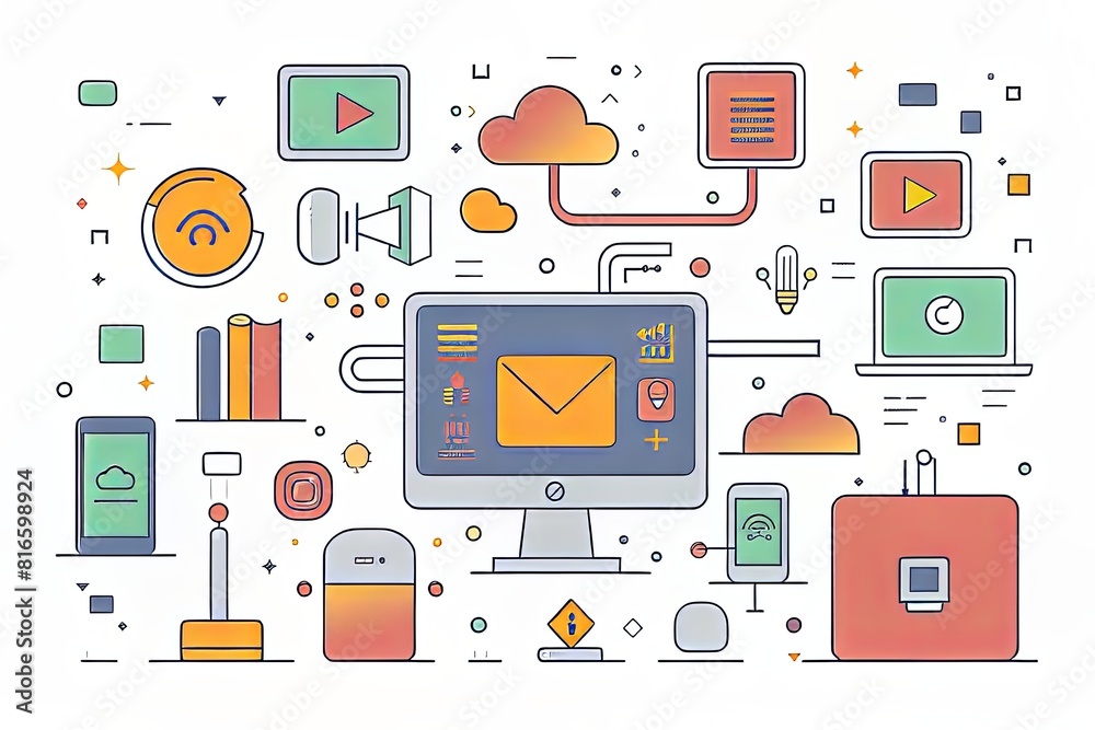 An illustration showcasing a computer, email icon, and various electronic devices interacting An illustration showcasing a computer, email icon, and various electronic devices interacting
