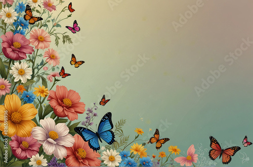 Fluttering Butterflies Amidst Blooming Flowers, A High-Resolution Background  with copy space for text