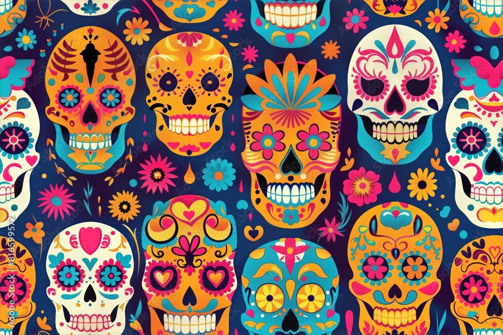 Seamlessly tileable colourful illustration for the Day of the Dead. 