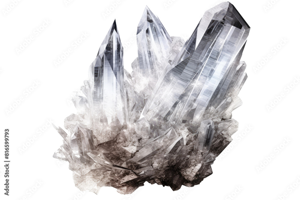 Monochrome Magic: Ethereal Crystals Dance on a Blank Canvas on White or PNG Transparent Background.