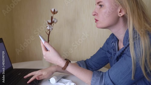 Toothpaste ingredients. Girl checks composition of toothpaste and is surprised by dangerous composition of product. Emulsifiers, preservatives, dyes, PEG, SLS, parabens, diethanolamine photo