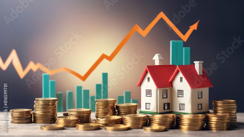 Change in real estate prices concept. House, stacks of coins, growing financial stock graph on the background