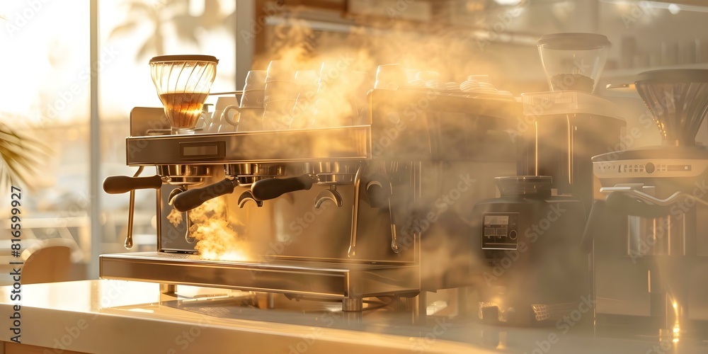 Steam rises from a coffee machine in a bustling cafe. Concept Coffee Shop, Busy Atmosphere, Steam, Specialty Drinks, Espresso Machine Steam rises from a coffee machine in a bustling cafe. Concept Coffee Shop, Busy Atmosphere, Steam, Specialty Drinks, Espresso Machine