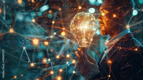 Captivating visuals featuring a businessman holding a light bulb linked to the future internet network, illustrating how creativity and innovation are key to business prosperity.