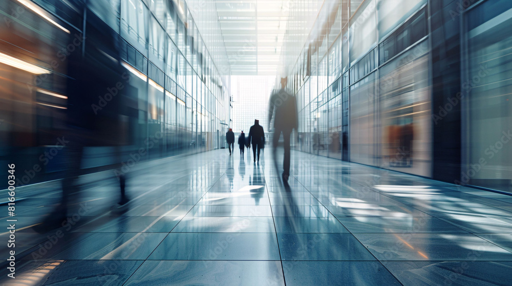 A Long Exposure View of Busy Office Workers Blurring Through a Modern Office Hallway, Capturing the Fast-Paced Energy of Corporate Life A Long Exposure View of Busy Office Workers Blurring Through a Modern Office Hallway, Capturing the Fast-Paced Energy of Corporate Life