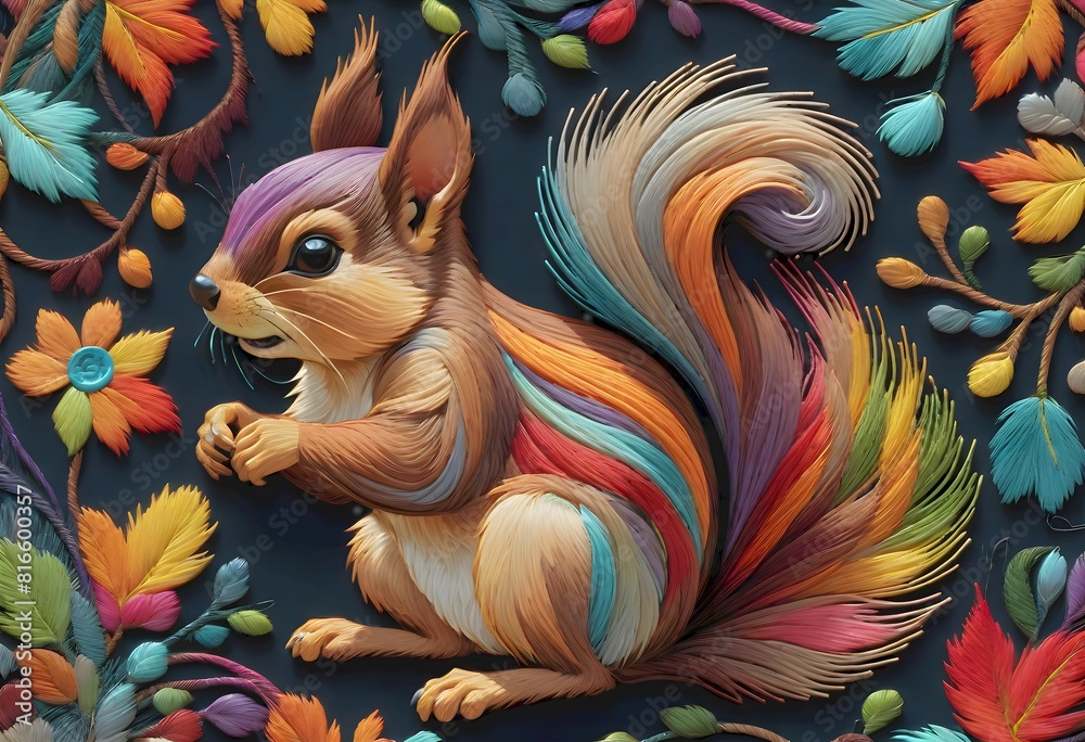 Cross stitch long tailed squirrel artwork, with intricate patterns surrounded with flowers and leaves in different colors, Generative AI. Cross stitch long tailed squirrel artwork, with intricate patterns surrounded with flowers and leaves in different colors, Generative AI.