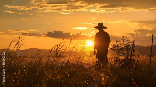 Farmer in silhouette working in the fields during golden hour photo
