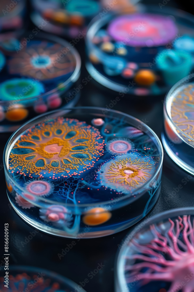 A petri dish containing an array of vibrant, stylized microbes, each with distinct shapes and colors A petri dish containing an array of vibrant, stylized microbes, each with distinct shapes and colors