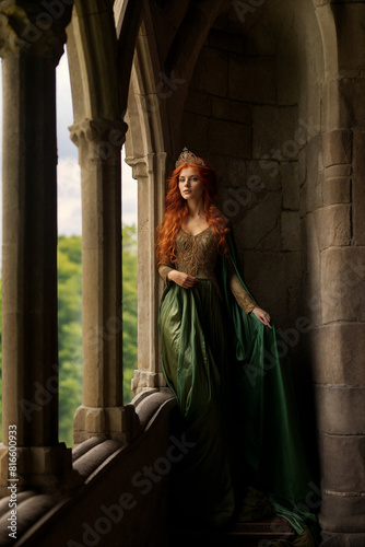 Red-haired princess in castle alcove