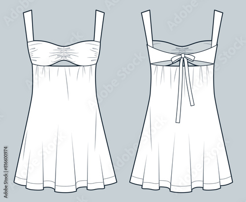 Bustier mini Dress technical fashion illustration. A-Line Dress fashion flat technical drawing template, square neck, slim fit, front and back view, white, Women's Dress CAD mockup.