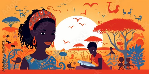 An illustration of a young African girl looking thoughtful with a bright colorful background of the savanna and animals.