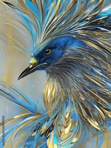 Detailed depiction of a royal blue bird with golden wings, appearing to ruffle its feathers against a light, abstract background, Generative AI. photo