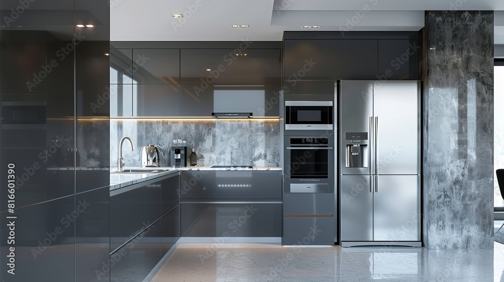 Sleek gray kitchen in a luxurious apartment, featuring modern stainless steel appliances.
