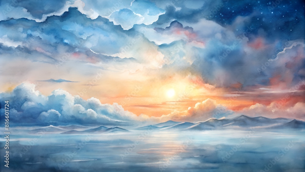 Obraz premium Watercolor cloude with sun on the sky