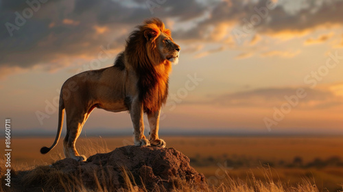 A lone lion, poised and majestic, stands tall on a hillock.
