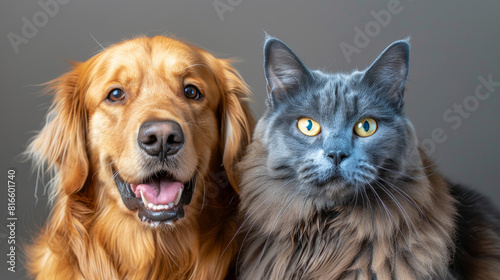 A happy Golden Retriever dog and a blue Maine Coon cat pose for a photo, their eyes fixed on the camera. They are isolated on a gray background.