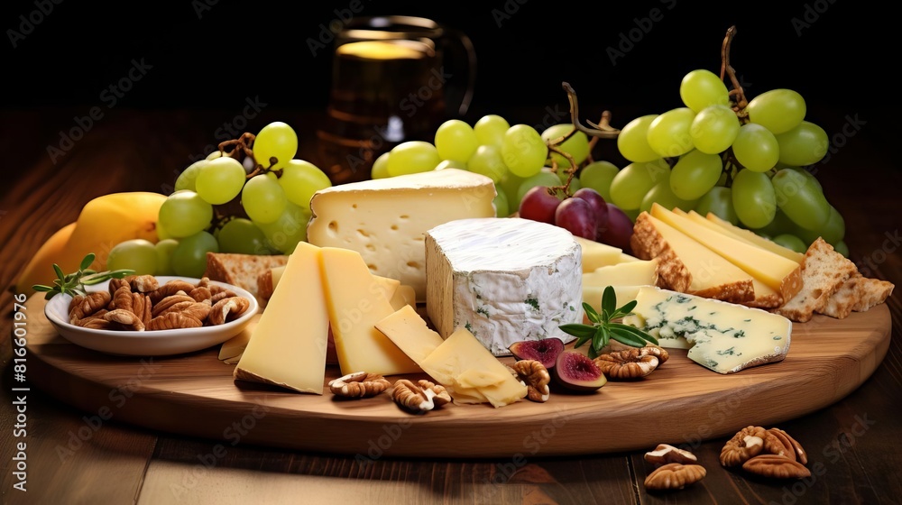 assortment of cheese, grapes and nuts on the wooden board