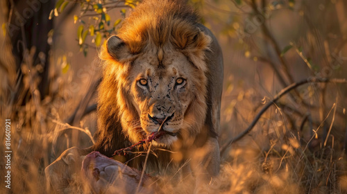 A male lion stalks its prey in the Sabi Sand Game Reserve, South Africa.