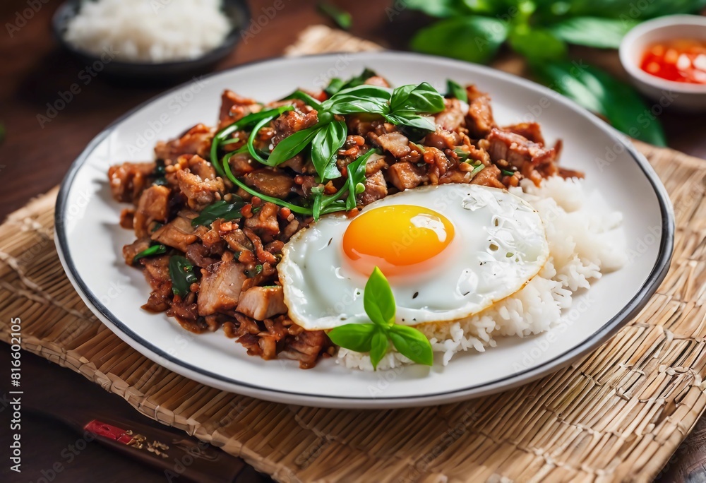 Pad Kra Pao, original thai stir-fried style with Pork, jasmine rice and Fried Egg. Generative AI illustration Pad Kra Pao, original thai stir-fried style with Pork, jasmine rice and Fried Egg. Generative AI illustration