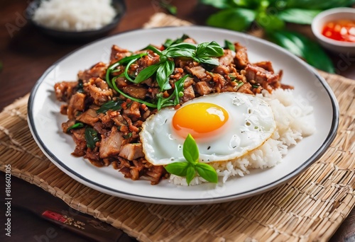 Pad Kra Pao, original thai stir-fried style with Pork, jasmine rice and Fried Egg. Generative AI illustration