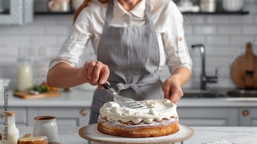 a female pastry chef collects a cake