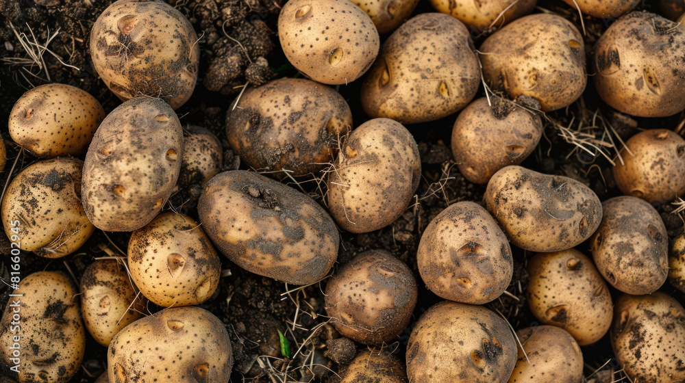 A pile of freshly harvested potatoes seen from above, providing a background with an agricultural theme. A pile of freshly harvested potatoes seen from above, providing a background with an agricultural theme.