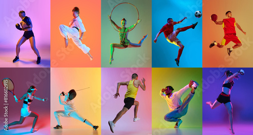 Fototapeta Naklejka Na Ścianę i Meble -  Collage. Dynamic shot of professional sportsmen in motion training in neon light against gradient studio background. Concept of professional sport, competition, tournament, movement, action. Ad