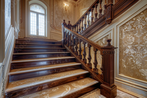 Rich silk wallpapers backdrop a grand staircase in an opulent mansion.