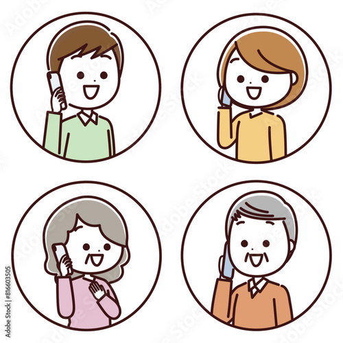 スマートフォンで会話する人物アイコンセット