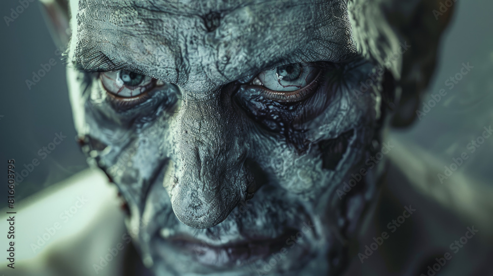 A scary zombie man's face is shown in detail. It's for Halloween.