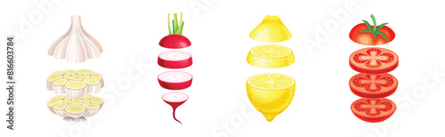 Sliced Fruit and Vegetable Vertical with Cut Pieces Vector Set
