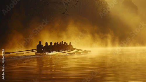 Rowers in silhouette on a misty river, synchronized teamwork at dawn