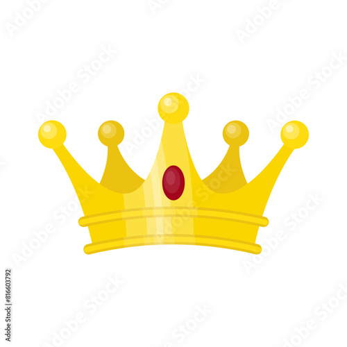 Luxury gold king's crown with oval ruby decoration, cartoon vector isolated illustration