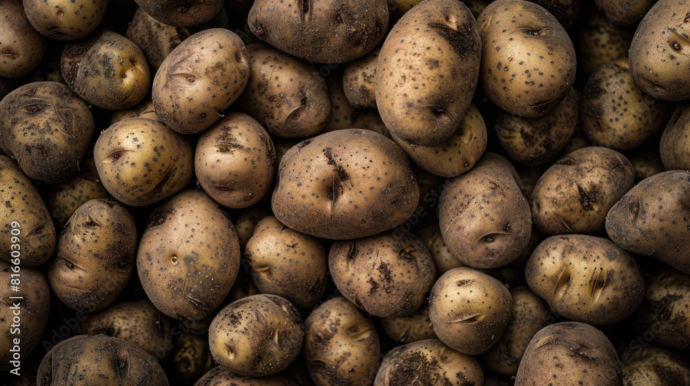 A pile of freshly harvested potatoes seen from above, providing a background with an agricultural theme. A pile of freshly harvested potatoes seen from above, providing a background with an agricultural theme.