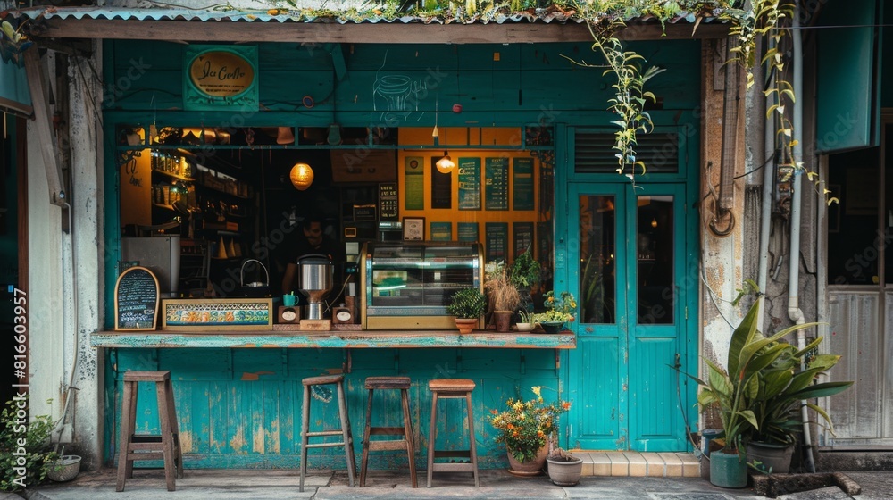 Charming photographs showcasing Thai coffee shop fronts in a modern yet vintage style. Ideal for promoting trendy cafes or urban exploration guides.