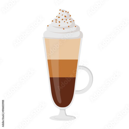 Glass cup with coffee drink with milk ice cream and nuts, cartoon vector isolated illustration