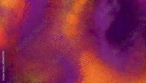 Abstract blend of vibrant colors including shades of purple and orange with a bright, warm glow transitioning into darker shades with numerous scattered circles creating depth, Generative AI.