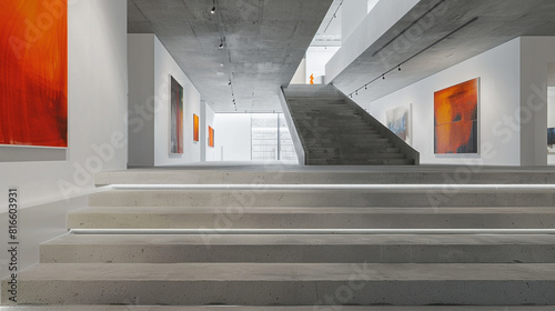 "Abstract paintings enhance a minimalist concrete staircase in a contemporary art museum."