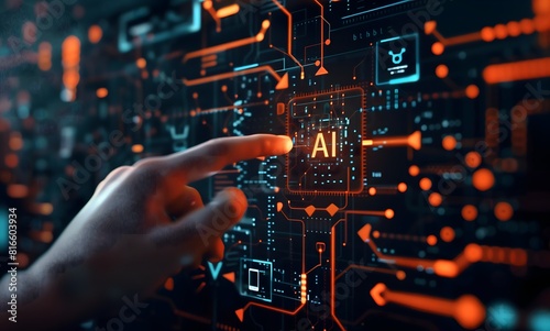 Artificial intelligence and machine learning technology with finger touching AI processor on electronic circuit