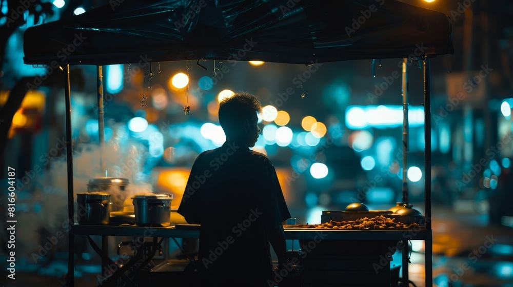 Silhouette of a street vendor at night, city lights illuminating the scene