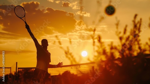 Silhouette of a tennis player serving at sunset  dynamic action shot