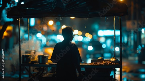 Silhouette of a street vendor at night  city lights illuminating the scene